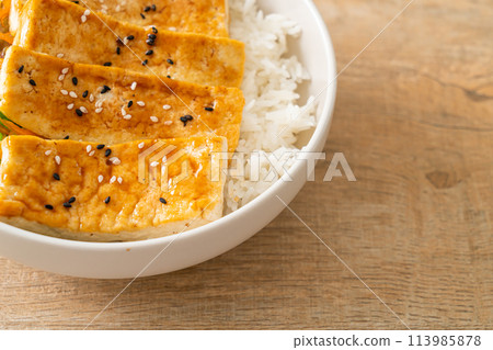 teriyaki tofu rice bowl - vegan food style 113985878