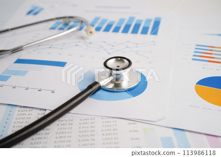 Stethoscope and US dollar banknotes on chart or graph paper, Financial, account, statistics and business data  medical health concept. 113986118