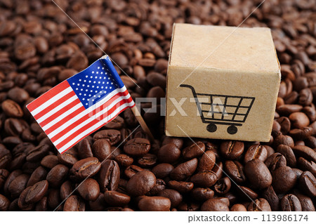 USA America flag on coffee beans, shopping online for export or import food product. USA America flag on coffee beans, shopping online for export or import food product. 113986174