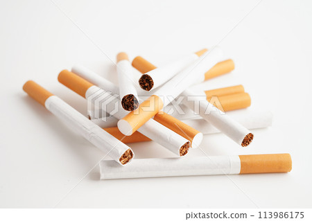 Cigarette, roll tobacco in paper with filter tube, No smoking concept. Cigarette, roll tobacco in paper with filter tube, No smoking concept. 113986175