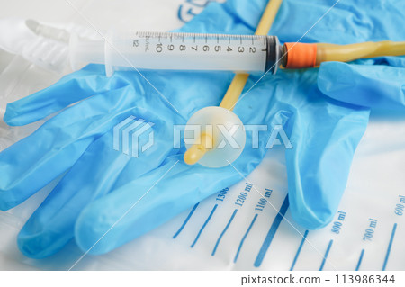 Foley catheter and urine drainage bag collect urine for disability or patient in hospital. 113986344