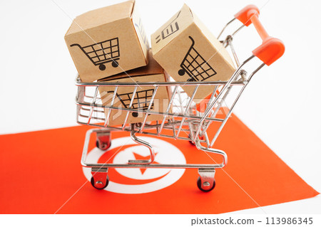Online shopping, Shopping cart box on Tunisia flag, import export, finance commerce. 113986345