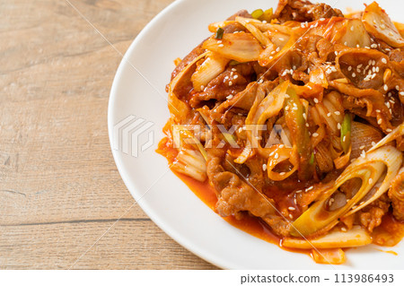 stir-fried pork with Korean spicy paste and kimchi 113986493