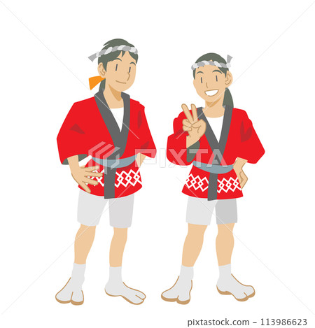 Illustration of girls wearing happi coats and participating in a festival 113986623