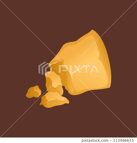 A large piece of hard cheese with small pieces broken off. Vector illustration. Parmesan in a realistic style 113986633