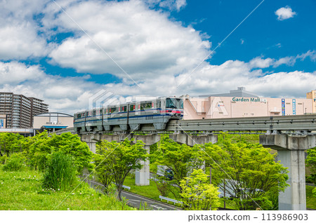 Osaka Monorail Saito Line train arriving at Saito-Nishi Station 113986903