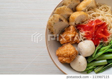 egg noodles with fish balls and shrimp balls in pink sauce, Yen Ta Four or Yen Ta Fo 113987115