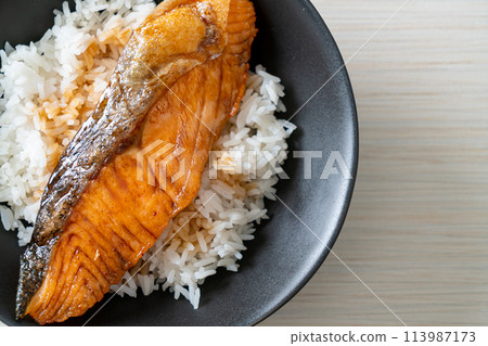 Grilled Salmon with Soy Sauce Rice Bowl Grilled Salmon with Soy Sauce Rice Bowl 113987173