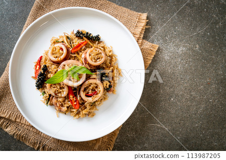 Basil and Spicy Herb Fried Rice with Squid or Octopus 113987205