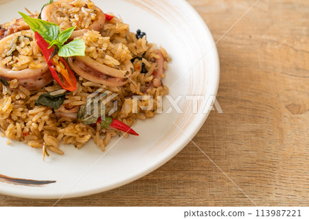 Basil and Spicy Herb Fried Rice with Squid or Octopus 113987221
