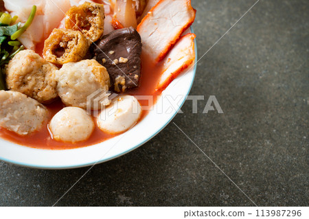 noodles with meatballs in pink soup noodles with meatballs in pink soup 113987296