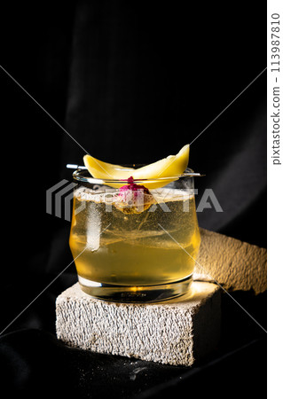 cocktail - bourbon, homemade pickle mango and star gooseberry, orange bitter, sparking wine, lime juice 113987810