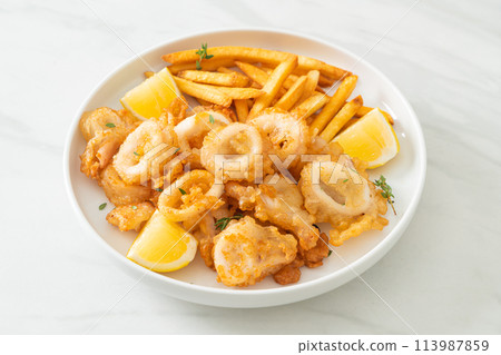 calamari - fried squid or octopus with fries 113987859