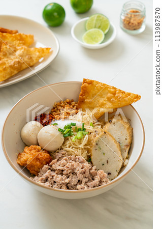 spicy egg noodles with fish balls and shrimp balls without soup 113987870