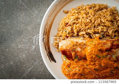 grilled chicken steak with red curry sauce and rice grilled chicken steak with red curry sauce and rice 113987969