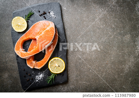 fresh raw salmon fillet steak 113987980