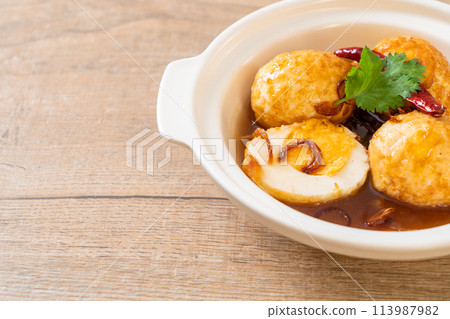 Fried Boiled Egg with Tamarind Sauce 113987982