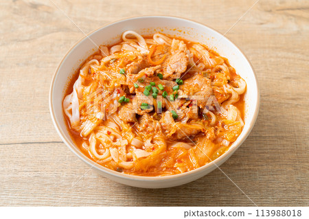 Korean udon ramen noodles with pork in kimchi soup Korean udon ramen noodles with pork in kimchi soup 113988018