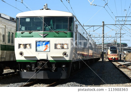 185 series (Shupuru) and E653 series trains parked at the depot 113988363