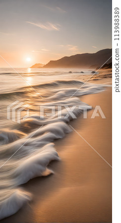 Smoothly blurred sky over a sun-kissed calm sea, golden sands of a tranquil beach in the foreground Smoothly blurred sky over a sun-kissed calm sea, golden sands of a tranquil beach in the foreground 113988389