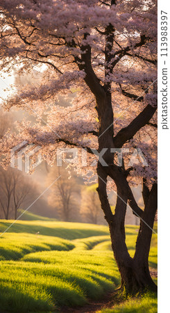 Spring landscape, minimalism and nature with blossom trees Spring landscape, minimalism and nature with blossom trees 113988397