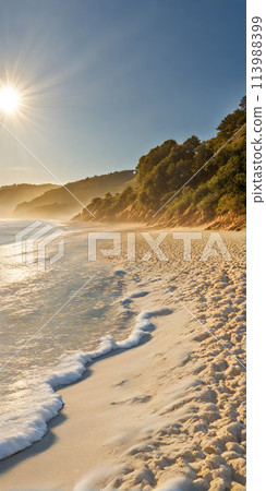 Smoothly blurred sky over a sun-kissed calm sea, golden sands of a tranquil beach in the foreground Smoothly blurred sky over a sun-kissed calm sea, golden sands of a tranquil beach in the foreground 113988399