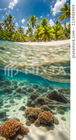 Midday sun casting a radiant glow on a calm azure sea, sunrays gently penetrating the crystal-clear waters 113988404