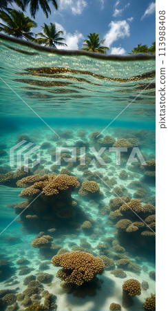 Midday sun casting a radiant glow on a calm azure sea, sunrays gently penetrating the crystal-clear waters 113988408