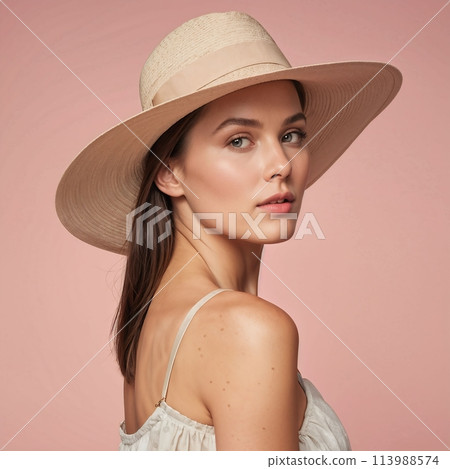Woman in White Dress and Hat Woman in White Dress and Hat 113988574