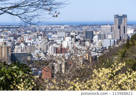 Kanazawa cityscape as seen from the observation deck on Mt. Utatsu (towards the center and the Sea of Japan) 113988621