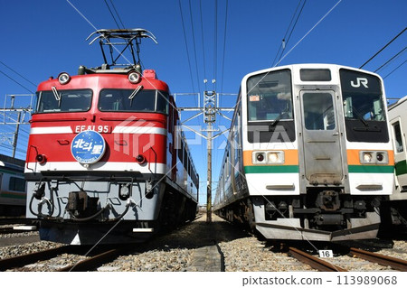 EF81 electric locomotives (with Hokutosei sleeper express headmark) and 211 series electric trains lined up at the depot EF81 electric locomotives (with Hokutosei sleeper express headmark) and 211 series electric trains lined up at the depot 113989068