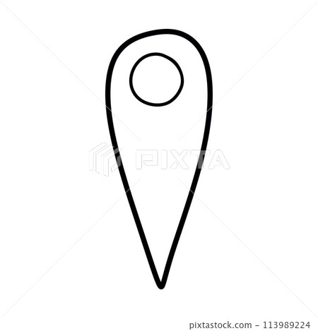 Location icon Vector Illustration logo Template. Isolated on white background. Doodle GPS Pin Symbol, Tag, Destination Point. Hand Drawn Outline Clipart, Graphic object for Map, Cursor, Web Design. 113989224