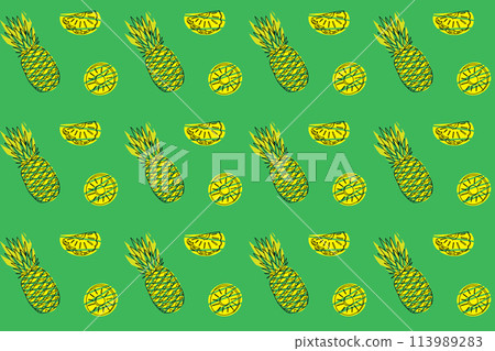 Illustration pattern Line art of pineapple fruit and pieces on green background. Illustration pattern Line art of pineapple fruit and pieces on green background. 113989283