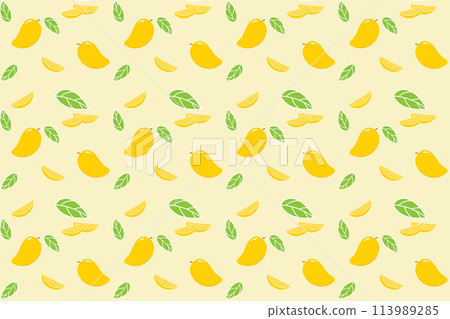 Illustration pattern of mango fruit and pieces on soft yellow background. Illustration pattern of mango fruit and pieces on soft yellow background. 113989285