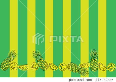 Illustration Line art of pineapple fruit and pieces on green and yellow background. Illustration Line art of pineapple fruit and pieces on green and yellow background. 113989286