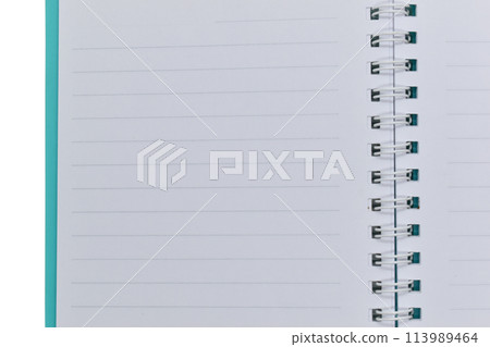 top view image of open notebook with blank page, lined paper texture background 113989464