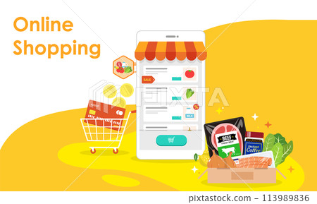 Flat vector illustration of online supermarket where you can buy food 113989836