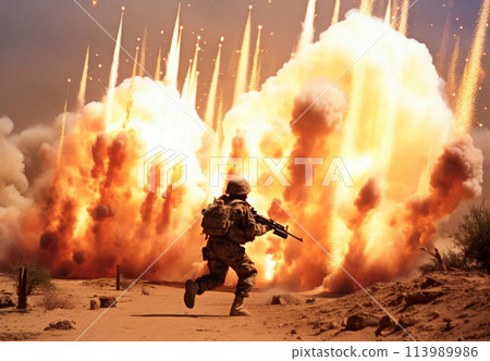 Soldiers running through an explosion 113989986