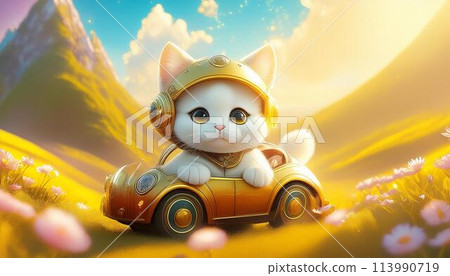 A cat happily going for a drive on a holiday 113990719
