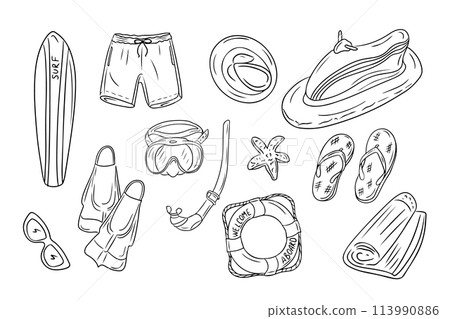 Outline doodle set of beach rest activities. Items for diving, swimming and riding water bike. Monochrome outline stickers. Vector illustration isolated on white background Outline doodle set of beach rest activities. Items for diving, swimming and riding water bike. Monochrome outline stickers. Vector illustration isolated on white background 113990886