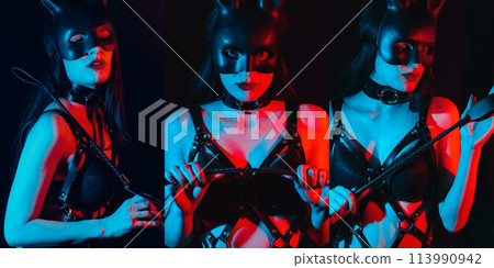 Sexy dominant woman dominatrix mistress girl with whip flogger for BDSM sex with dominance and submission in lingerie and mask Sexy dominant woman dominatrix mistress girl with whip flogger for BDSM sex with dominance and submission in lingerie and mask 113990942