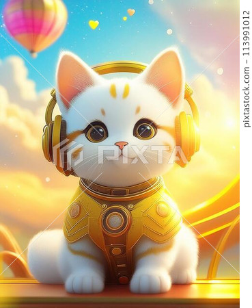 Cat listening to music with headphones Cat listening to music with headphones 113991012