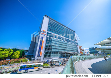 Yokohama cityscape in Japan, overlooking Shin-Yokohama Station and buses. Clear blue skies...towards a new era = April 25th 113991023
