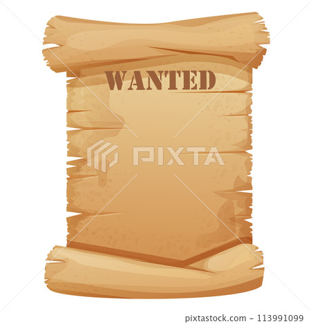 Wanted parchment paper banner, poster template wild west reward flyer isolated on white background. Aged frame, rustic western award, search sign, sheriff criminal notice with grunge paper texture 113991099