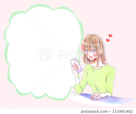 A woman looking at her smartphone happily, love, speech bubble 113991402