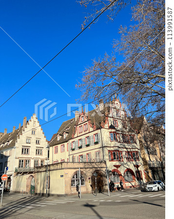 Street view of old town in Strasbourg, France. Strasbourg is the capital and largest city of the Alsace region of France. 113991587