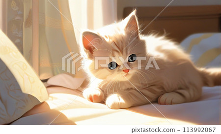 A cozy bedroom scene with a kitten wakes up. A cozy bedroom scene with a kitten wakes up. 113992067