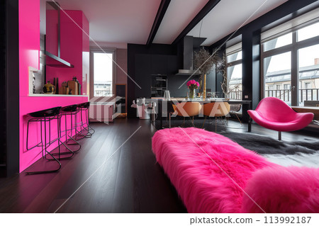 Loft living room interior in barbiecore pink style 113992187