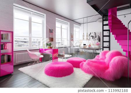 Loft living room interior in barbiecore pink style 113992188