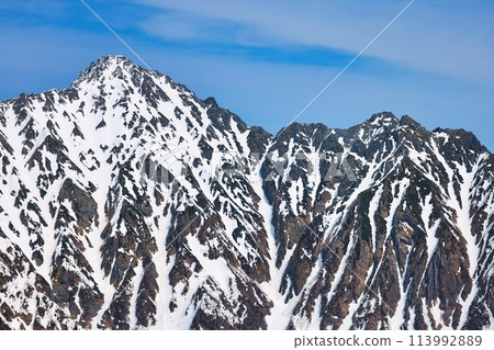 白雪皚皚的北阿爾卑斯山脈中的前穗高山和明神山 白雪皚皚的北阿爾卑斯山脈中的前穗高山和明神山 113992889
